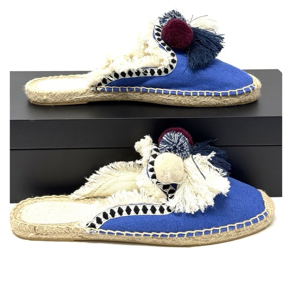 Tonivis Shoes - Tonivis Canvas Pom-Pom Fringe Trim Slip On Espadrilles Mules Flat Blue Women's 9